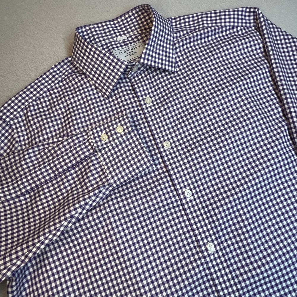Charles Tyrwhitt Mens 17/35 Non Iron Gingham Dress Shirt Purple White LS